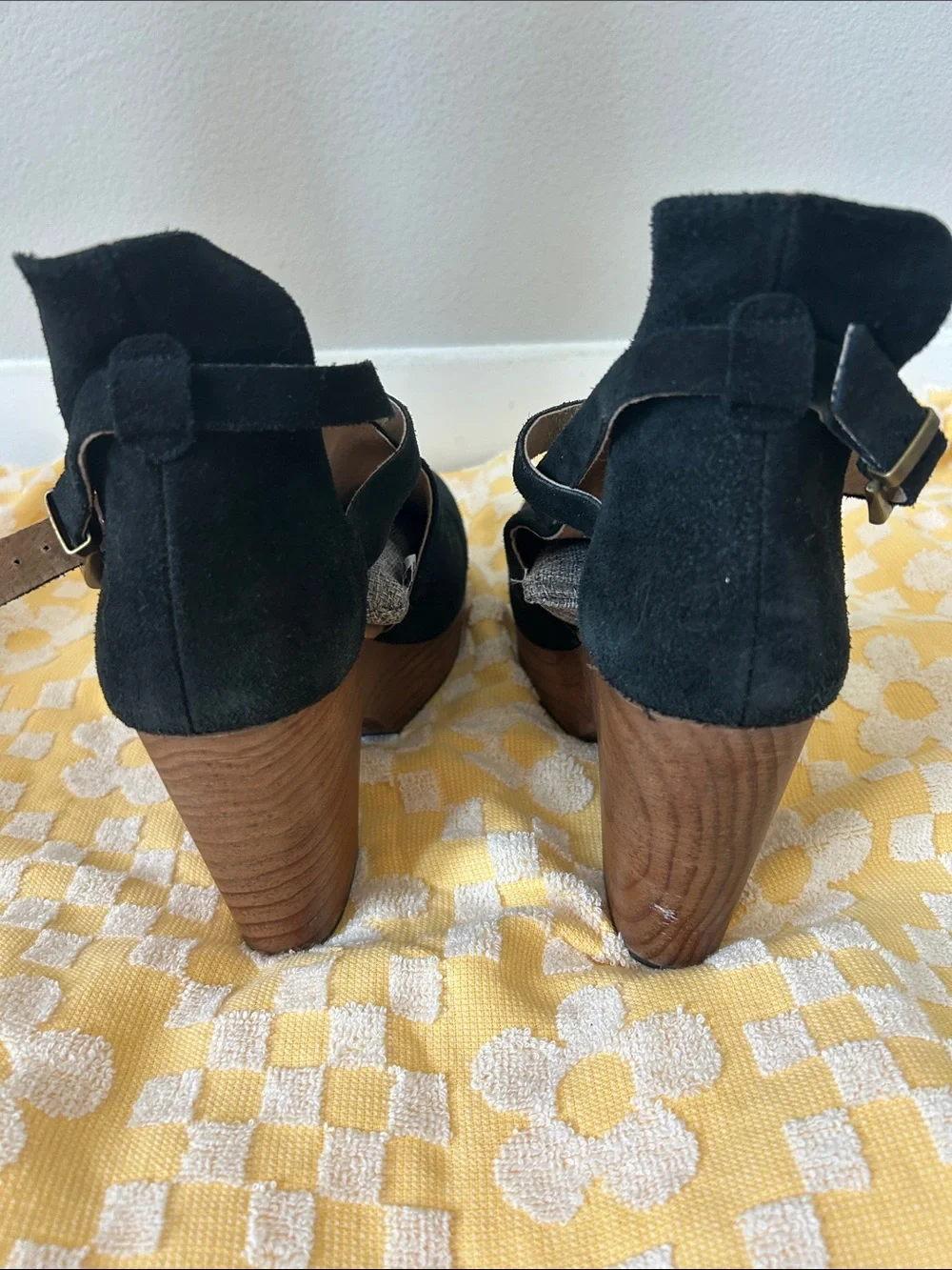 Free People Black Suede Platform Clogs with Wood-Look Heel